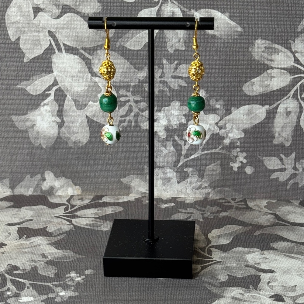 Elegant Gold Tone Cloisonné and Malachite and Beaded Earrings